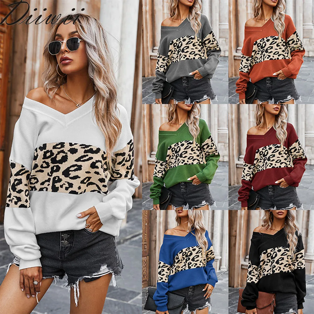 

Diiwii Ribbed Sweater Women Casual V Neck Leopard Patchwork Oversized Jumpers Winter Knitted Slim Basic Sweaters Female