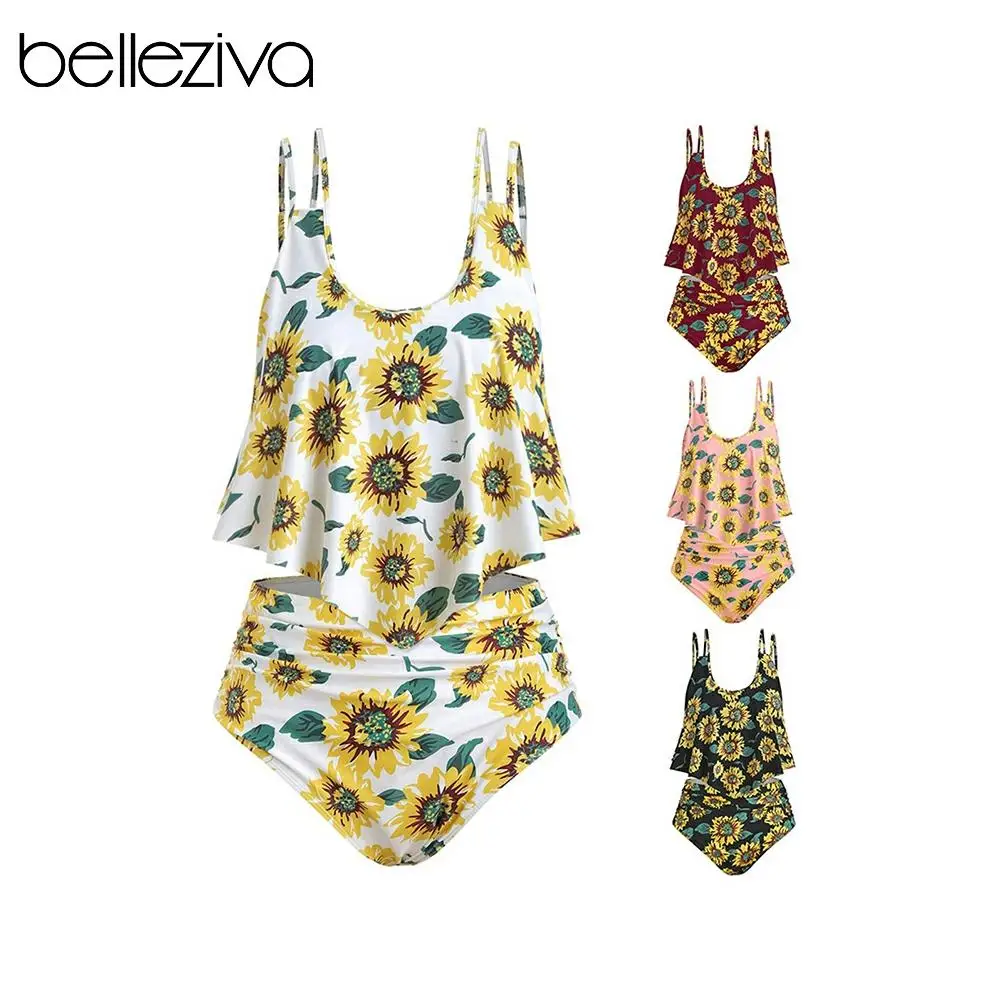 Женский купальник с завышенной талией Belleziva Раздельный принтом подсолнуха