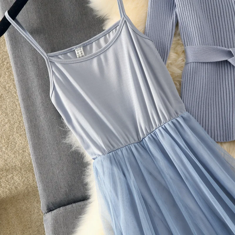 Осенне-зимнее платье Женский комплект 2 шт., синее Сетчатое кружевное трикотажное платье с длинными рукавами, облегающее платье-свитер средней длины, повседневный Весенний костюм