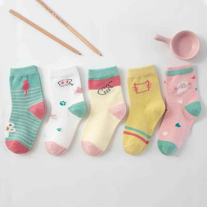 5 пар, жаккардовые удобные теплые хлопковые носки высокого качества с рисунком кота, единорога, кролика для маленьких девочек детские носки для новорожденных мальчиков Miaoyoutong - Цвет: 0019-mao