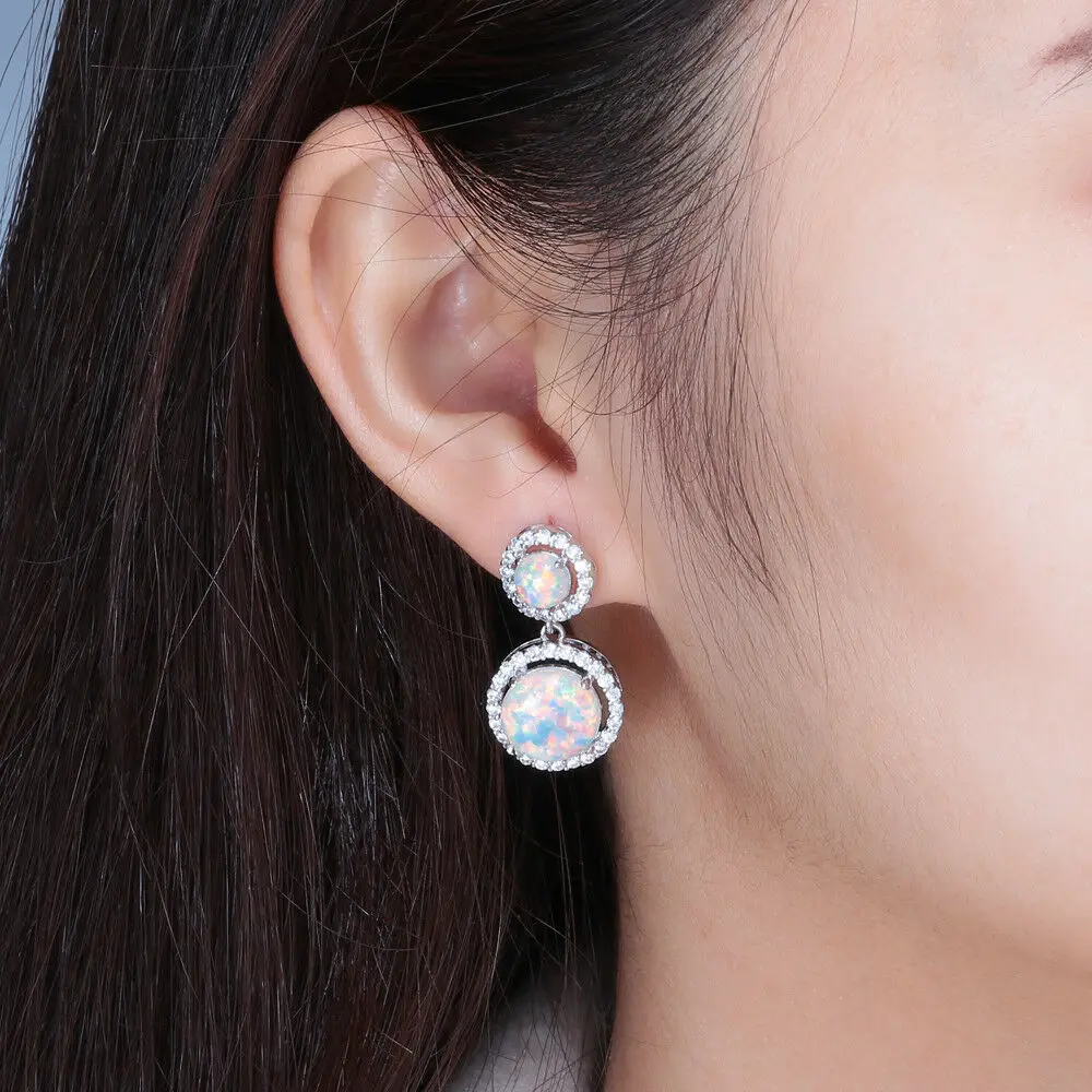 Женские серьги гвоздики с опалом Белым Круглым камнем|silver earrings|wholesale silver earringsearrings