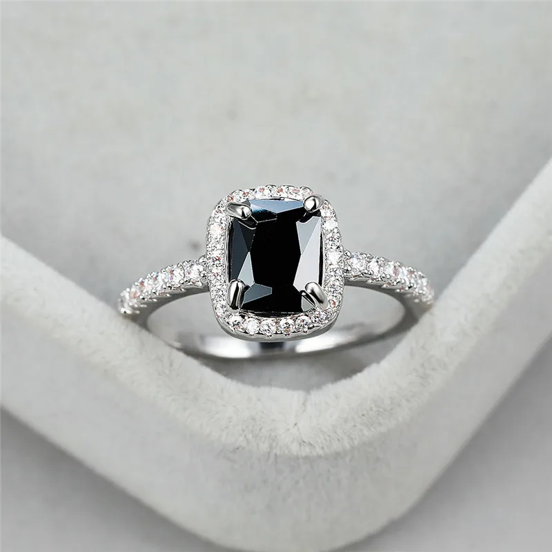 Vintage Female Crystal Black Stone Rings Silver Color Thin Wedding Jewelry for Women Trendy Square Zircon Engagement Ring wedding rings silver ring womens ring cubic zircon ring finger rings jewelry rings ring jewelry