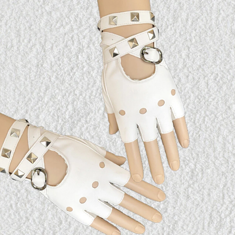 Gothic Punk Women Faux Leather Gloves Sexy Wrapped Wrist Fingerless Nightclub Stage Gloves Lady Rivet Short Half Fingers Gloves