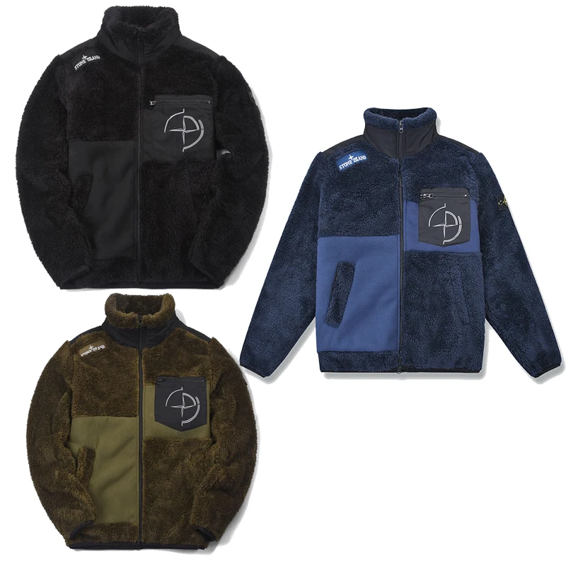 

2021 ISLAND New Winter STONE MenThickened Plus Velvet Coats Male Contrast Stitching Irregular Couple High Neck Zipper Jackets