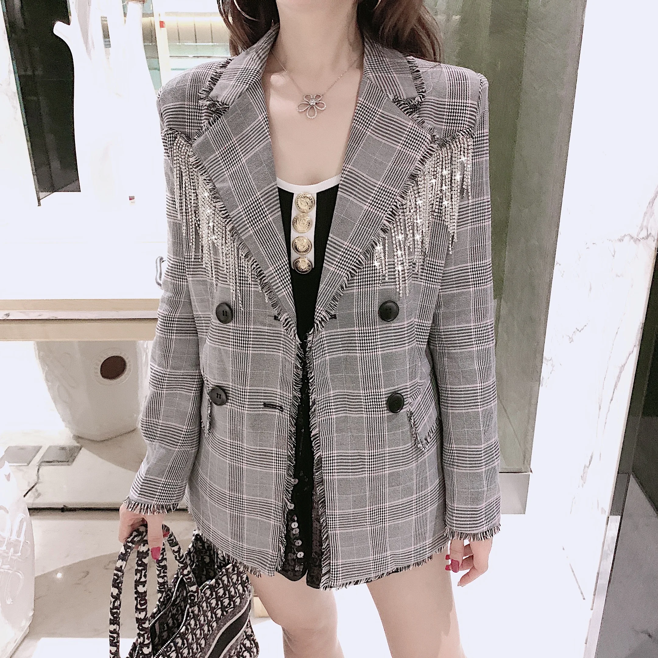 Новое Осеннее сверло из драгоценного металла на цепи костюм, пиджак в клетку, модный Женский блейзер, двубортный пиджак
