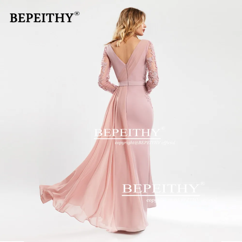BEPEITHY с v-образной горловиной розовое вечернее платье для девочек, с потоком халат De Soiree элегантные длинные рукава вечернее платье выпускного вечера вечерние платье Abendkleid