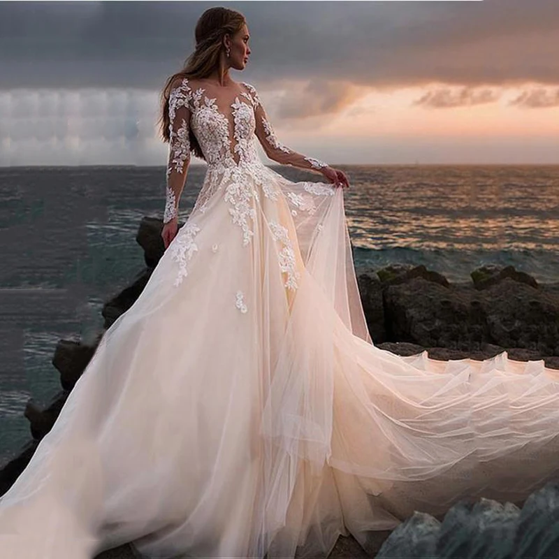 『Cheap!!!』- Beach Wedding Dress 2020 Illusion Long Sleeves Sheer
Backless Lace Appliqued Ball Gown Wedding Gowns Boho Bridal Robe De
Mariage