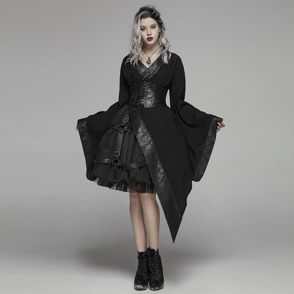 Punk Rave Gothic Vintage Short Sleeve Casual Dresses Asymmetrical Splicing Long Dress for Women