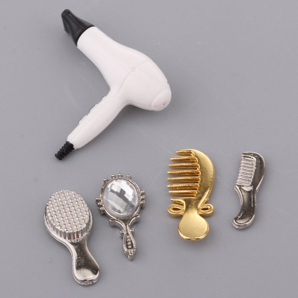 5 Pieces Handmade Doll Hair Care Accessories Comb Mirror Hair Dryer Set for 1/12 Dollhouse