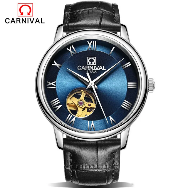 KARNEVAL myanner Mechanische Uhr GroE Dial luxusmarkengeschyaft mjanner Leder Uhren Uhr Armbanduhren Relogio Masculino Reloj - Цвет: Blau