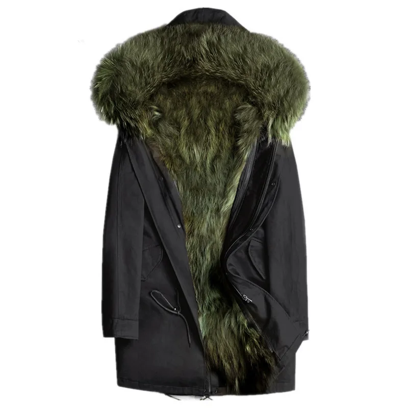 Мужская длинная парка с капюшоном зеленая теплая натуральным мехом енота