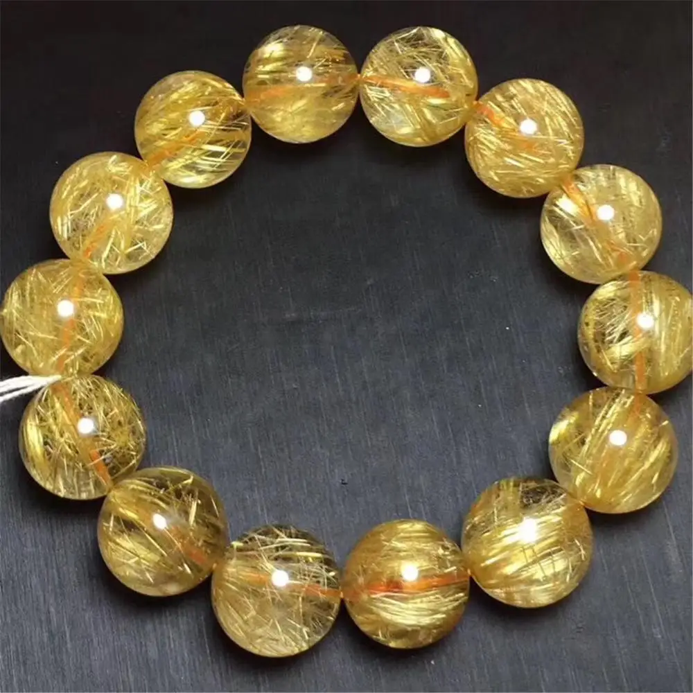

16mm Natural Brazil Gold Rutilated Bracelet For Woman Man Crystal Titanium Stretch Round Beads Stone Jewelry AAAAAA Certificate