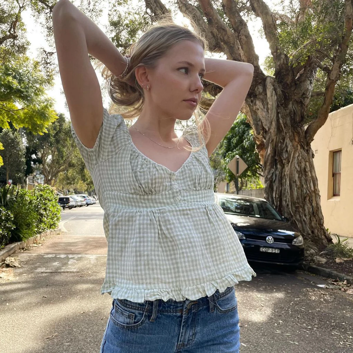 

Vintage Green Plaid Slim Tee Top Women 2021 Summer Sexy Square Collar Cotton Soft Tee Shirt Retro Women Sweet Cute Tops Chic