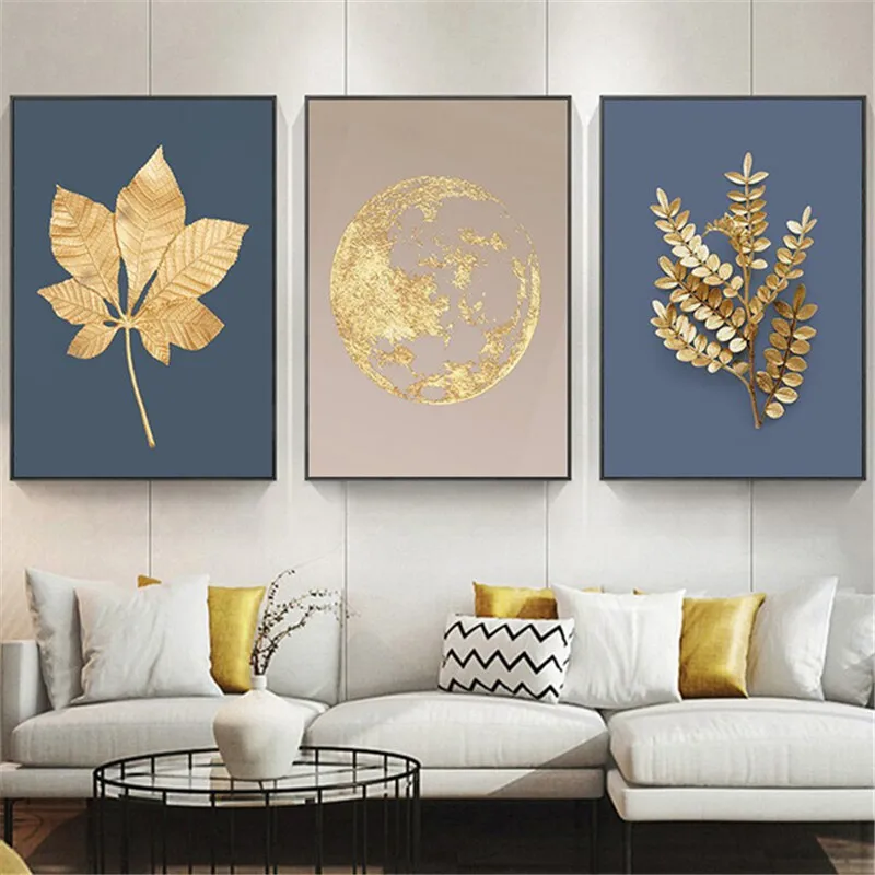 

Nordic Gold Leaf Wall Art Pictures Canvas Painting Modern Abstract Golden Earth Posters and Prints Living Room Home Decor Frame