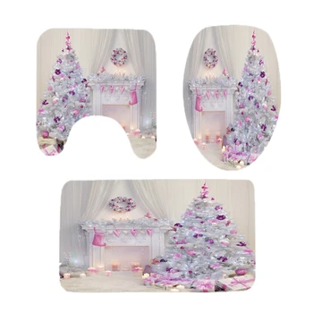 

Waterproof Bathroom Shower Curtain Christmas Backdrop Snow Printing Bath Curtain Toilet Cover Mat Set Non-Slip Rugs-NO.2