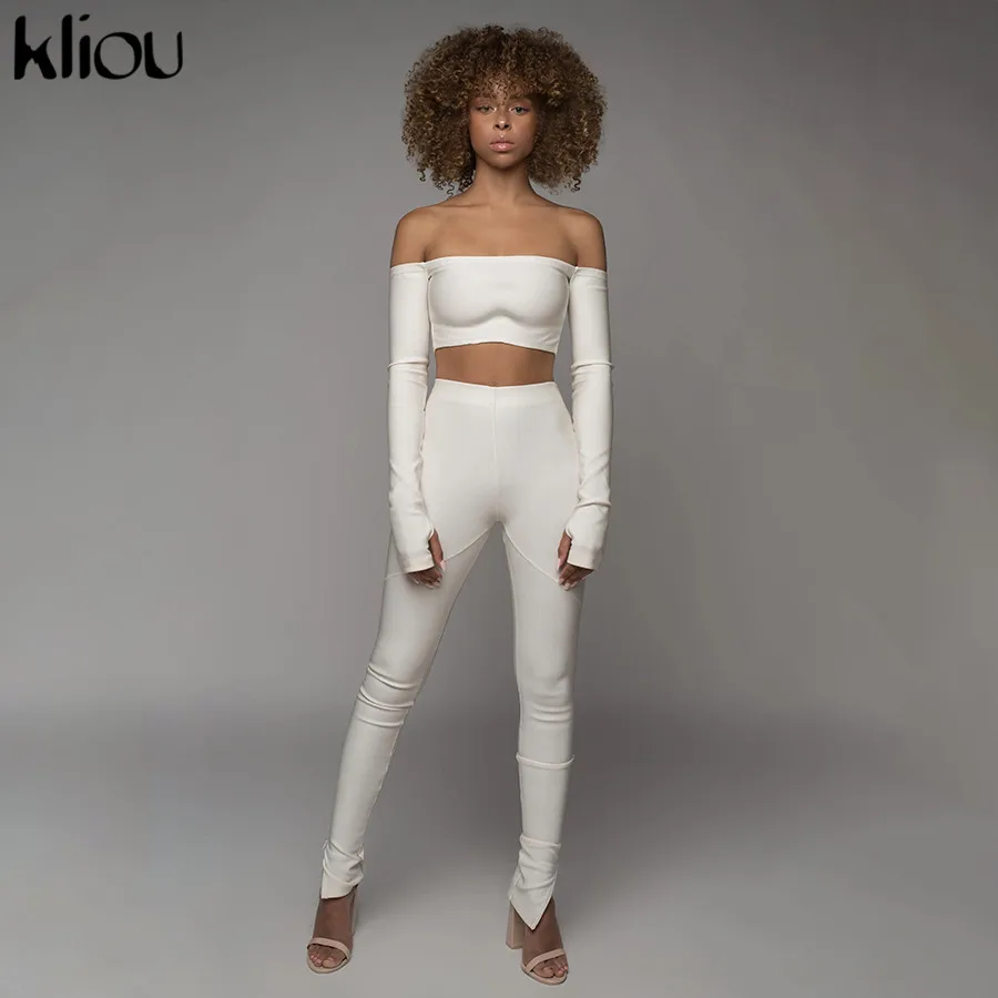 Женский спортивный костюм Kliou укороченный Топ с длинным рукавом + легинсы
