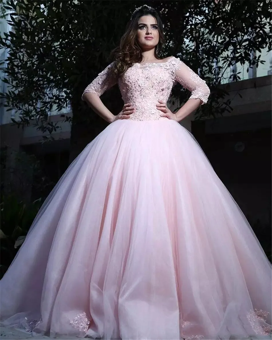 Crockoonboo кружевной рукав до локтя аппликации розовые платья Quinceanera с кружевной аппликацией, для выпускного вечера вечерние платья милое до 16