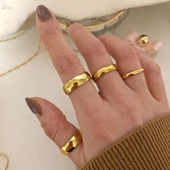 

AOMU 1PC Simple Gold Color Geometric Round Titanium Steel Wide Ring for Women Jewelry Gifts Size #17