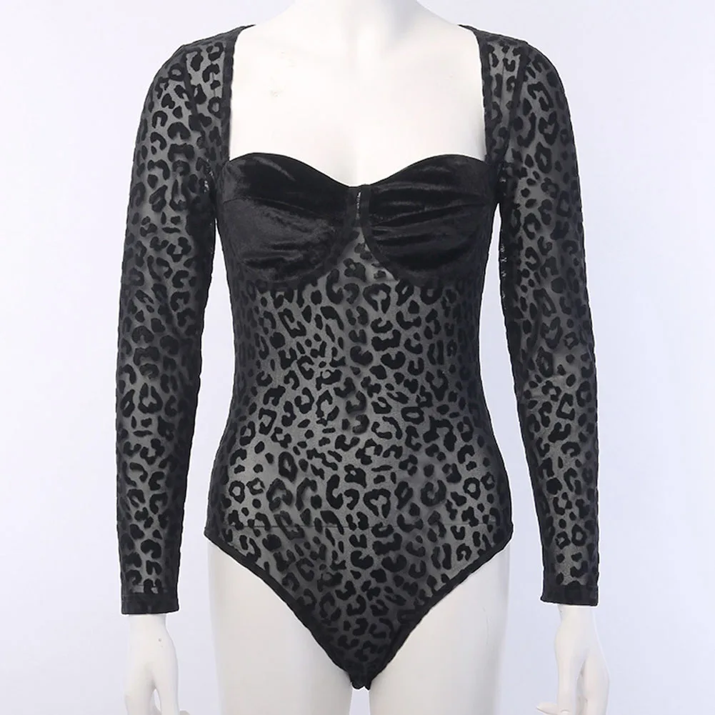 Meihuida Womens Hot Long Sleeve Leopard Translucent Square Neck Skinny Thin Bodysuit Romper Club Sex Wear plus size bodysuit