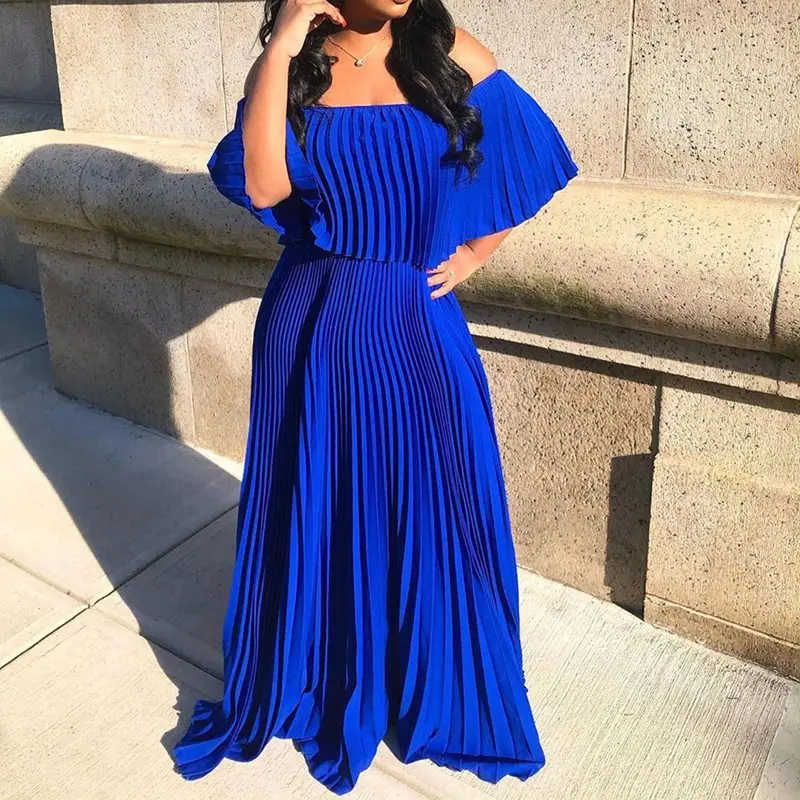 

Boho Sexy Off Shoulder Pleated Long Maxi Floor-Length Dress Bohemian Vacation Beach Casual Loose Elegant 2019 Women Fashion