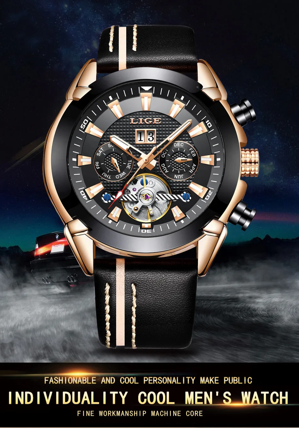 LIGE кожаный ремешок Tourbillon светящийся Циферблат Водонепроницаемые мужские часы лучший бренд класса люкс механические Автоматические часы Reloj Hombre