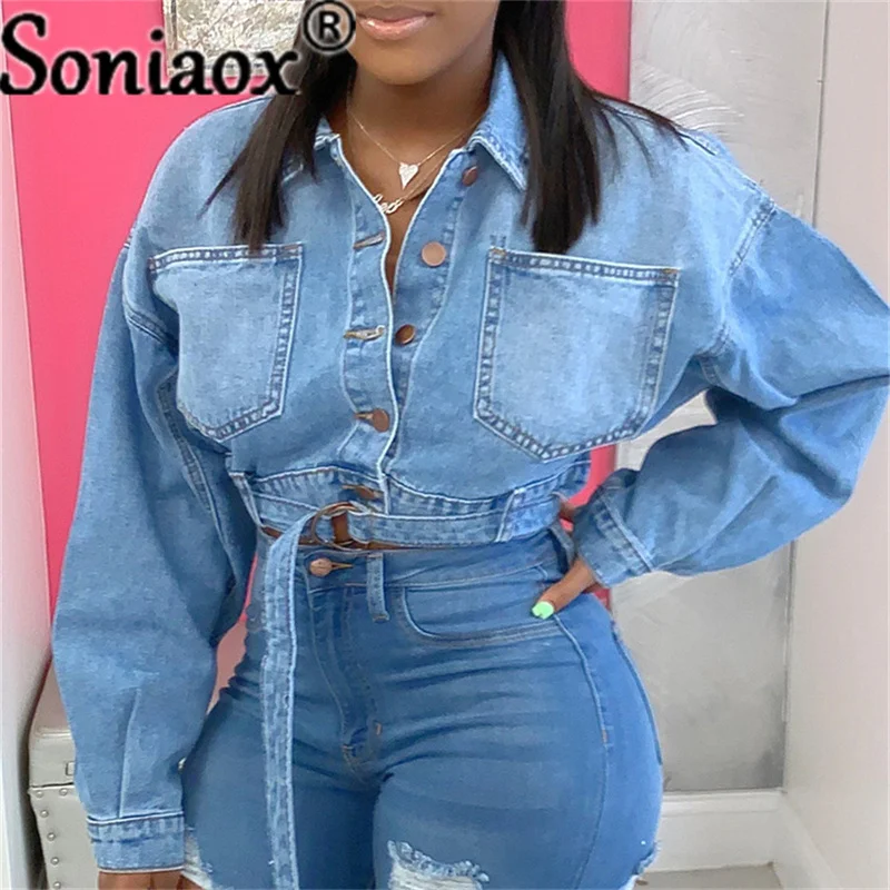 Women's Cropped Jeans Jacket Denim Belt Short Coats for Women Autumn Holes Vintage Casual Jackets Women 2021 Streetwear Coats 2021 new arrivals women lace up jeans holes hollow out fashion large jeans streetwear high waist skinny denim pencil pants