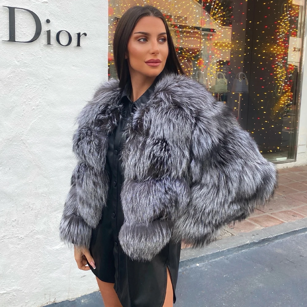 2022 Fashion Short Real Silver Fox Fur Jacket Round Collar Woman Winter New Genuine Whole Skin Silver Fox Fur Coat Luxury Woman