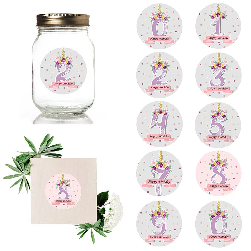 Pegatinas de papel adhesivas con sello redondo para cumpleaños, pegatinas para números de fiesta de unicornio, panadería casera y embalaje de regalo, decoración artesanal