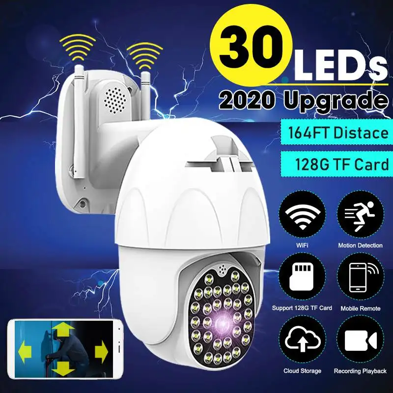 

30 LEDs Wireless WiFi 1080P PTZ IP Camera Waterproof Night Vision 164FT Monitoring Distance Smart Home Security Surveillance Cam