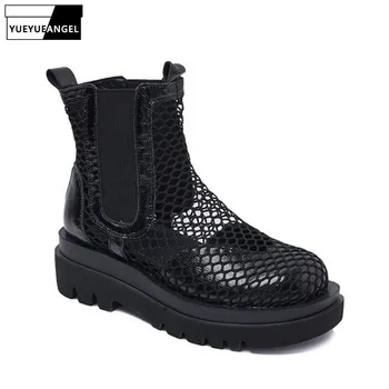 

Fashion Hollow Out Boots Women 2020 Summer Slip On Biker Platform Boots Street Mesh Breathable Ankle Shoes Black Bota Feminina