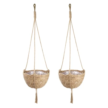 

2 Pack Natural Straw Hanging Planter Basket Set Indoor Plant Pots Plant Pot Cover