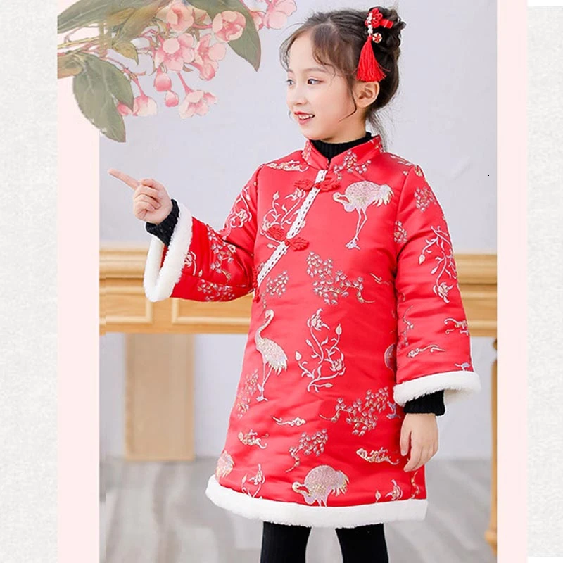Hanfu/зимний красный хлопковый Чонсам для девочек; Детские восточные платья Ципао с длинными рукавами; одежда для дня рождения в китайском стиле на год