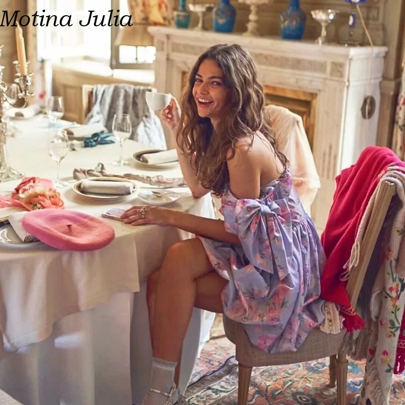 Motina Julia, сексуальное платье с рюшами и бантом, с цветочным принтом, Элегантные Короткие вечерние платья, летнее платье, повседневное, Пляжное, шикарное, женское платье, vestidos