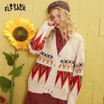

ELFSACK White Geometric Print Knit Cardigan Women Sweaters 2020 Spring Navy Blue Vintage Long Sleeve Single Button Ladies Tops