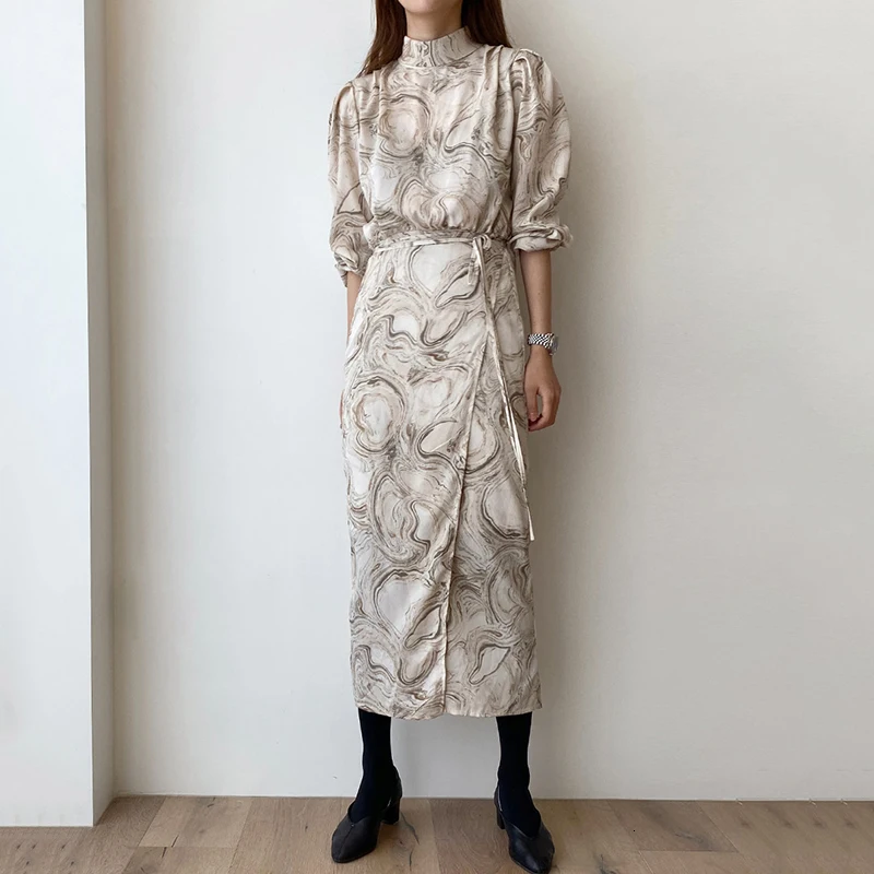 Корейский стиль, женское платье, хлопок, стоячий воротник, осень и зима, новинка, женское платье,, длинный рукав, женская одежда, Y124