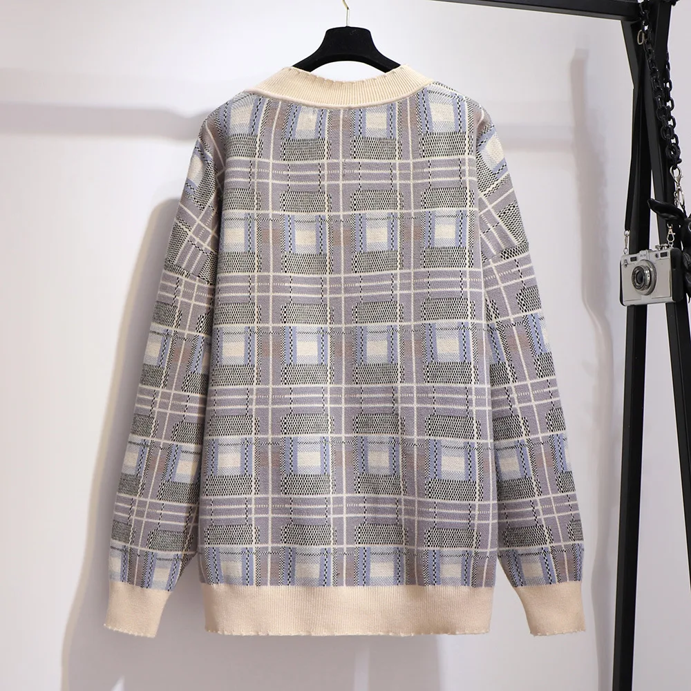2XL~ 6XL женский зимний свободный свитер в клетку, вязаный пуловер с v-образным вырезом, топы размера плюс, клетчатый узор, длинный рукав, Повседневная вязаная одежда H748