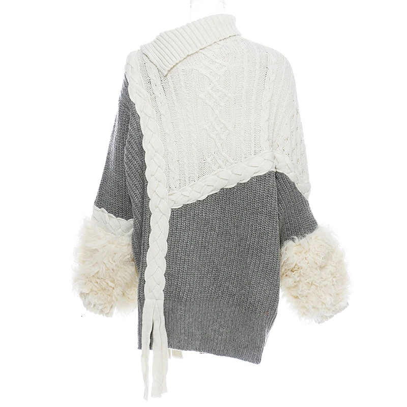 New Fashion Autumn Winter Contrast Color Lapel Long Sleeve Ribbon Zipper Irregular Loose Sweater Woman N746