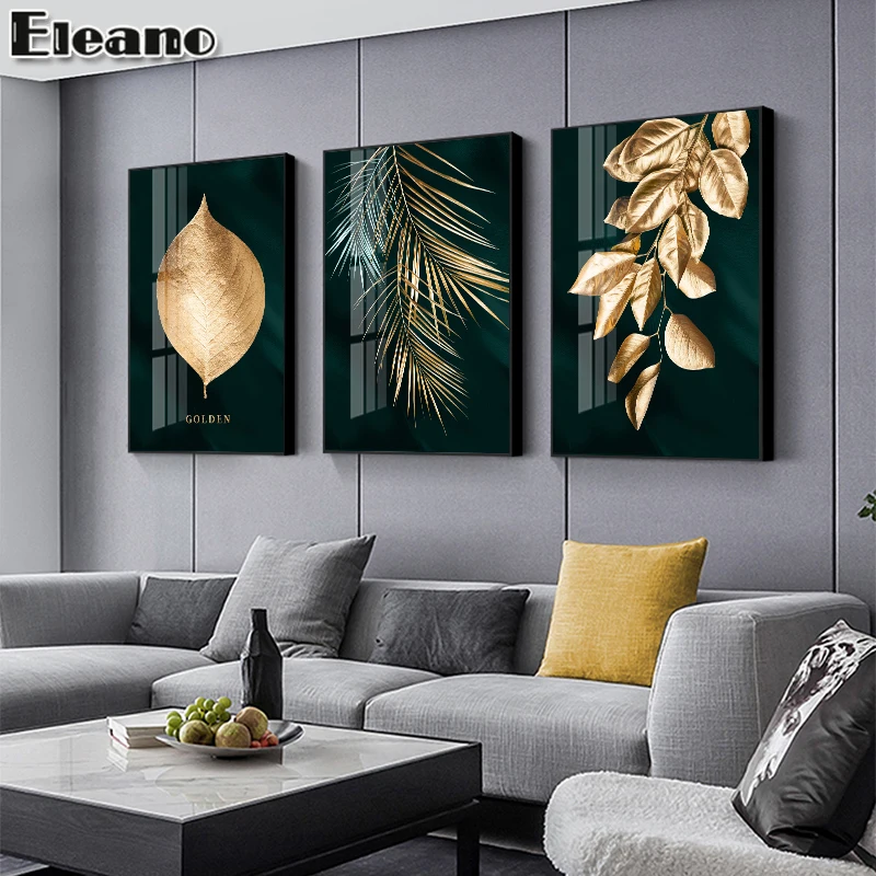 halsband diepgaand bende Canvas Schilderij Voor Woonkamer Donkergroen Goud Grote Bladeren Poster  Licht Luxe Muur Abstract Picture Moderne Decoratieve Schilderijen _ -  AliExpress Mobile