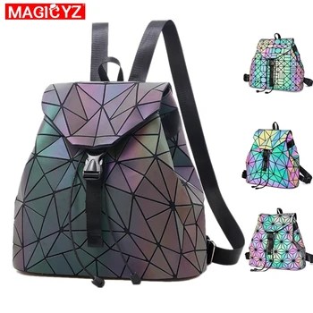

MAGICYZ Women Laser Luminous Backpack Geometric Shoulder Bag Folding Student School Bags For Teenage Girl holographic sac a dos