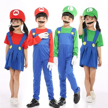 

Boys Girls Super Mario Costume for Kids Cartoon Mario Luigi Cosplay Uniform Family Halloween Set Hat Beard Clothing D1723CH