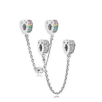 

S925 Sterling Silver Fit Original Pandora Multi-Color Heart Love Safety Chain Charm Beads For Women DIY Bracelet Bangles Jewelry