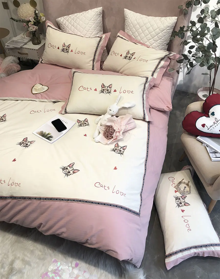 Милые, с вышивкой в виде кота постельных принадлежностей для взрослых девочек подростков, полный королева король Прекрасный двойной хлопок домашний текстиль простыня наволочка чехол пододеяльник