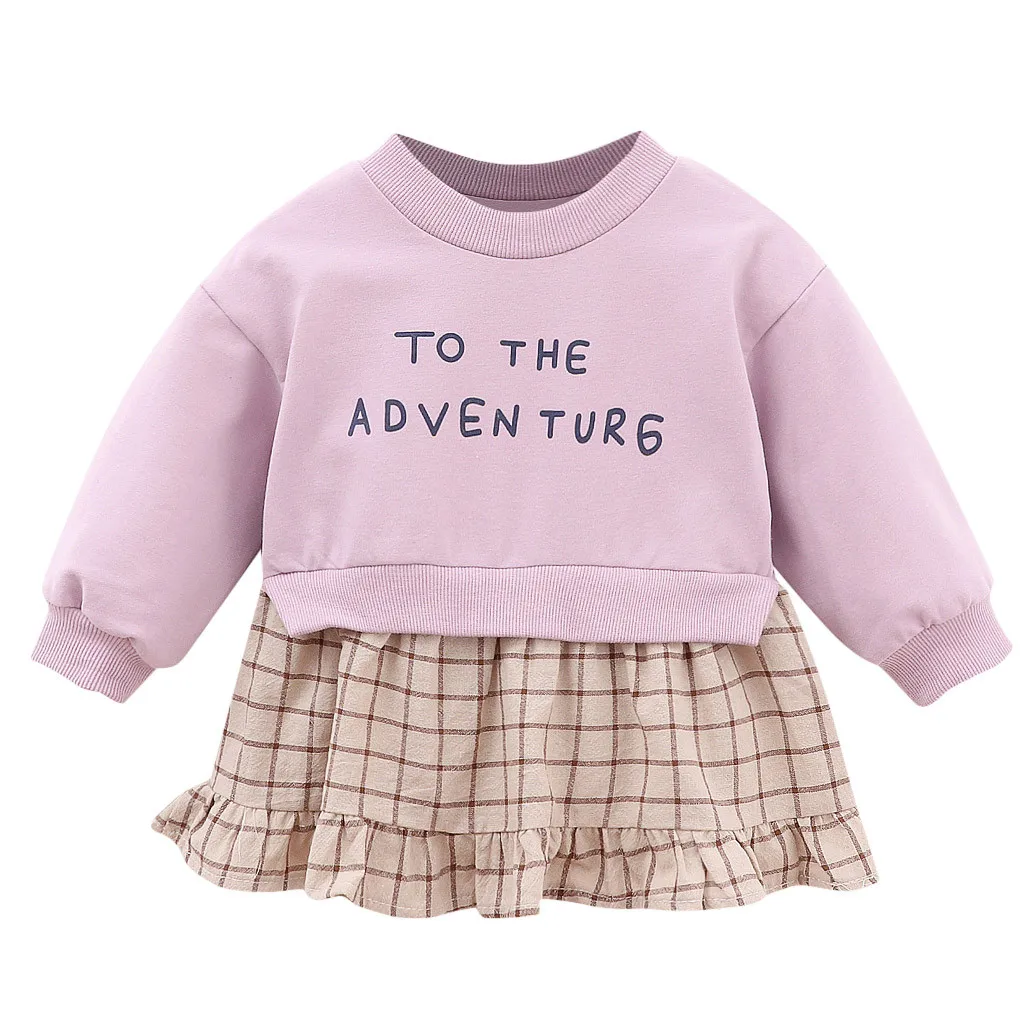Purple Платье для девочек; коллекция года; Vestidos; теплые вечерние платья в клетку с буквенным принтом и длинными рукавами для маленьких принцесс; одежда для малышей - Цвет: Purple