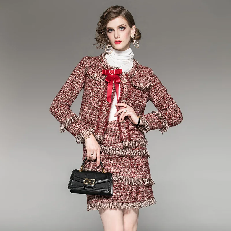 Маленькие ароматные костюмы с юбкой новая зимняя твидовая клетчатая куртка