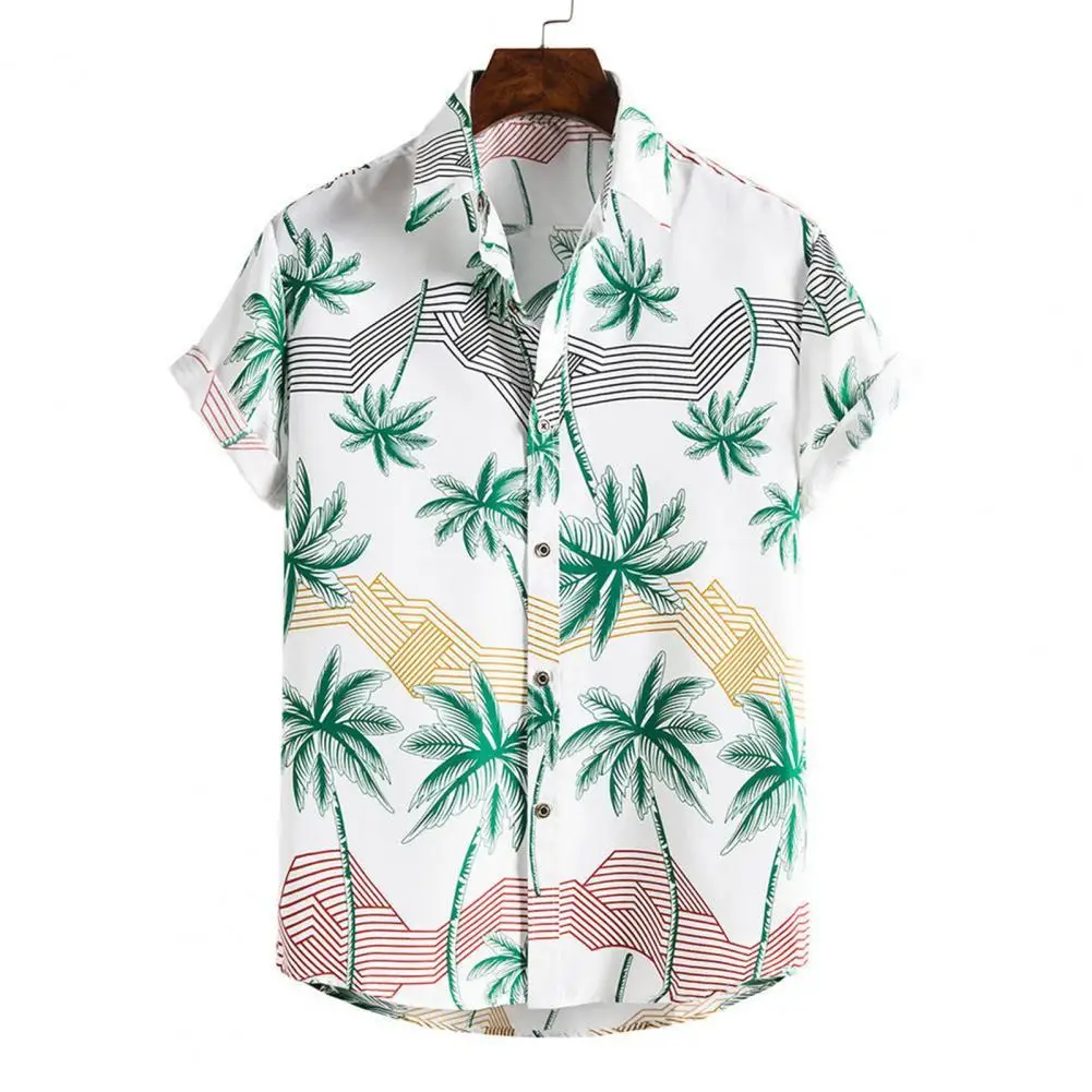 Summer New Fashion Casual Men Stripes/Tree Printed Short Sleeve Turn-down Collar Slim Hawaiian Shirt Beachwear for Travel