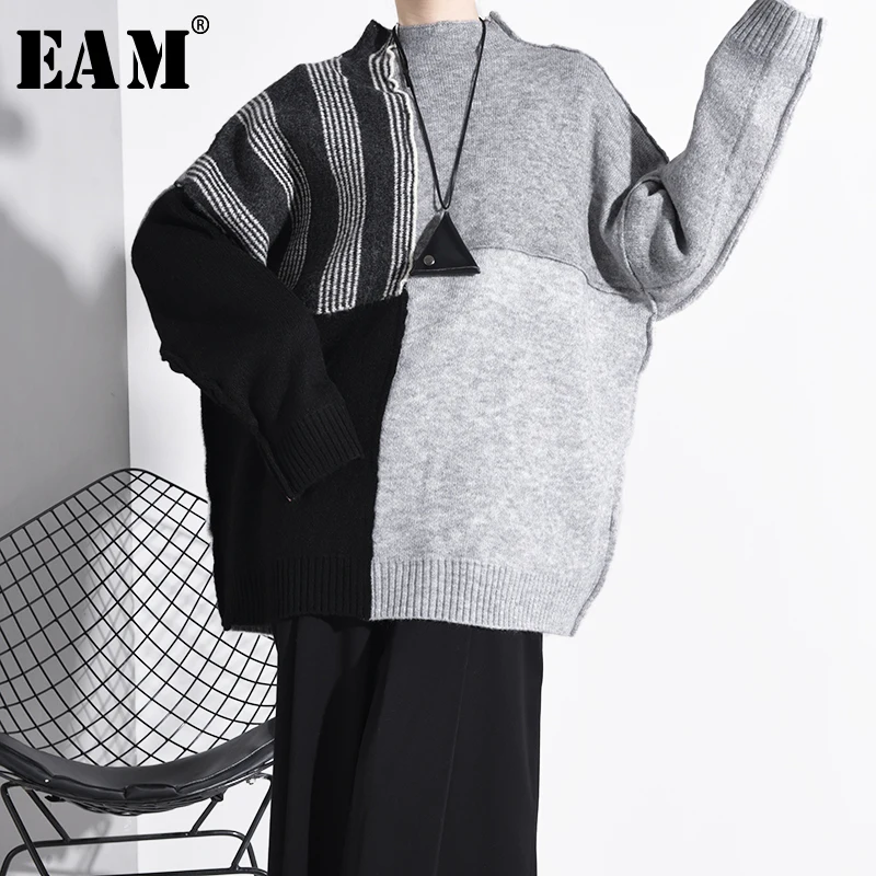 

[EAM] Big Size Contrast Color Knitting Sweater Loose Fit Round Neck Long Sleeve Women Pullovers New Fashion Spring 2020 A267