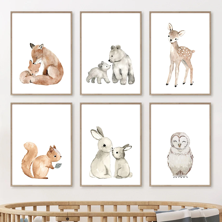 

Watercolor Animals Fox Bear Squirrel Owl Rabbit Wall Art Canvas Painting Nordic Posters And Prints Wall Pictures Kids Room Decor
