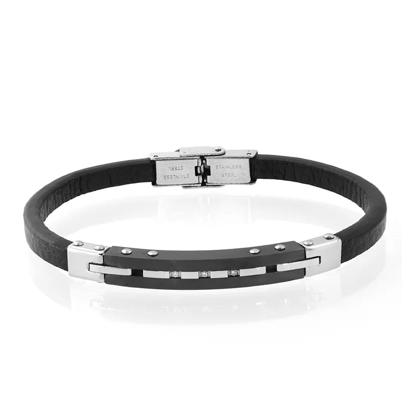 Runda металлические браслеты из нержавеющей стали натуральный черный кожаный