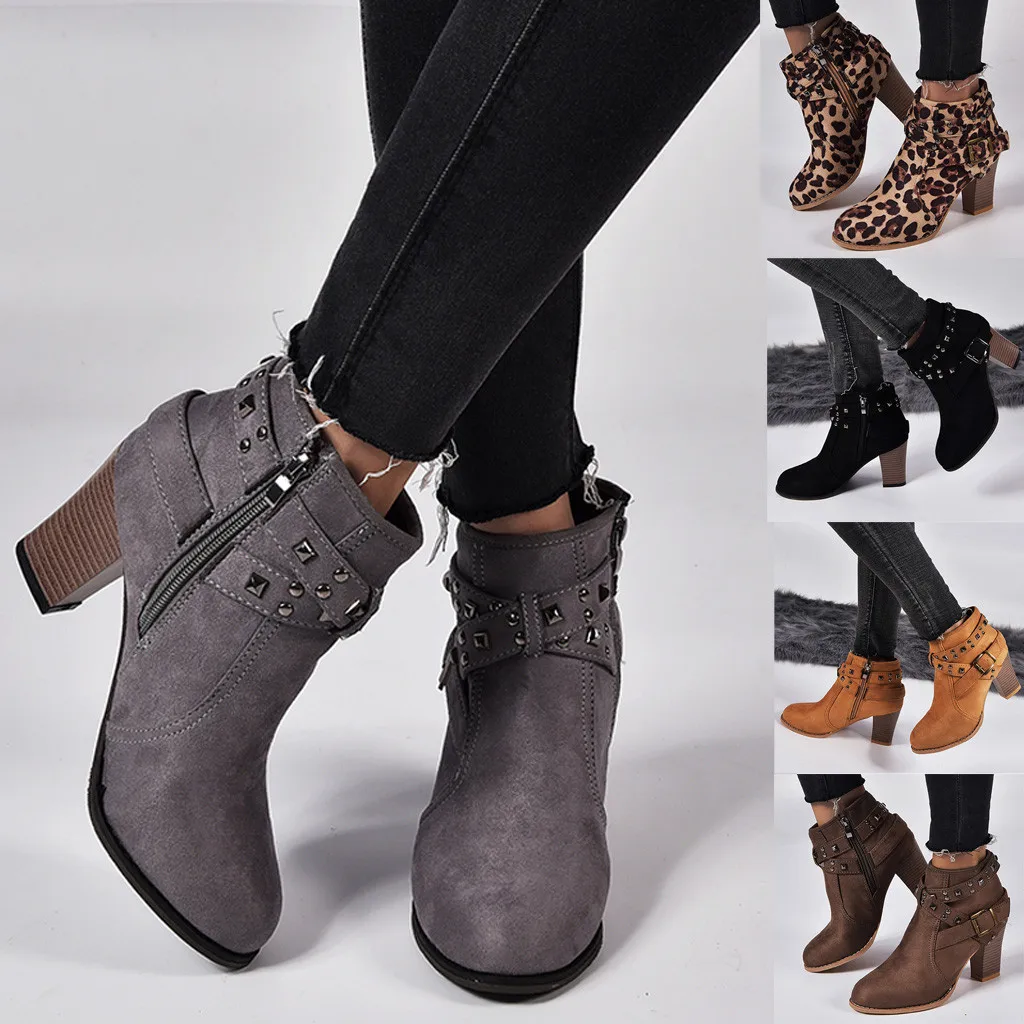 

2019 winter boots women Women Suede Suqare Heels Zipper Rivets Short Booties Round Toe Shoes zapatos de mujer обувь женская