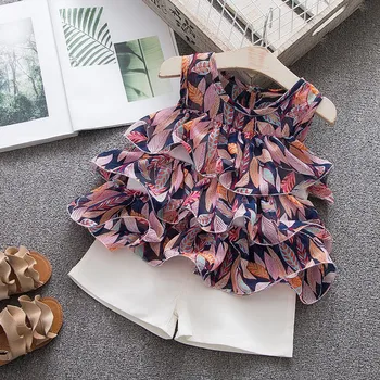 

TELOTUNY Children's clothing Toddler Baby Kids Girls 2PCs Fashion Sleeveless Ruffles Leaf Print Cake Dress Tops+Shorts Set Jun20